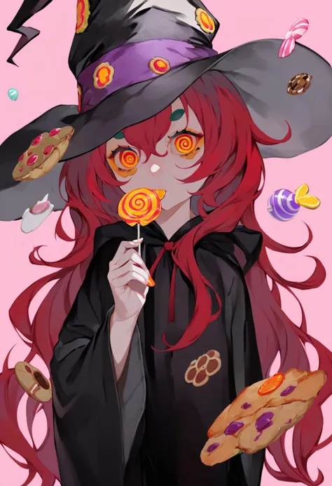 score_9, score_8_up, score_7_up, score_6_up, <lora:LAMXL_P6_lokr_V4236:0.95> candy, 1girl, food, lollipop, hat, solo, witch hat, long hair, red hair, holding, holding food, holding candy, cookie, holding lollipop, swirl lollipop, looking at viewer, ringed eyes, pink background, simple background, upper body, black headwear, witch, hair between eyes, long sleeves, red eyes, wide sleeves, black robe, hand up, makeup, @_@, robe, checkerboard cookie, hood, orange eyes, sweets, thick eyebrows