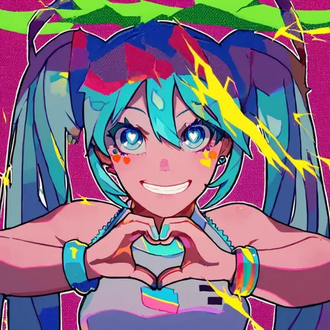 score_9, score_8_up, score_7_up, score_6_up, <lora:LAMXL_Js2_lokr_V4302:0.95> 1girl, heart, solo, smile, hair like hatsune miku, cyan hair, heart hands, twintails, long hair, cyan hair, jewelry, multicolored hair 
 rainbow, looking at viewer, crop top, blue eyes, grin, upper body, hatsune miku outfit, earrings rainbow hearts, hatsune miku top, rainbow background, sleeveless, bracelet, sleeveless shirt, happy pride month banner, bare shoulders, teeth, high twintails, symbol-shaped pupils, multicolored eyes, lightning bolt symbol, streaked hair, electricity