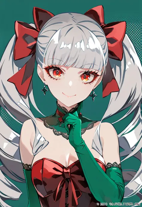 masterpiece, best quality, <lora:LAMXL_ANI31_lokr_V42310:0.95> 1girl, solo, red eyes, gloves, green gloves, looking at viewer, long hair, smile, bare shoulders, earrings, red bow, jewelry, bow, blunt bangs, white hair, detached collar, closed mouth, grey hair, halftone, multicolored hair, hair bow, drill hair, upper body, elbow gloves, portrait, hand up, copyright notice, ribbon, twintails