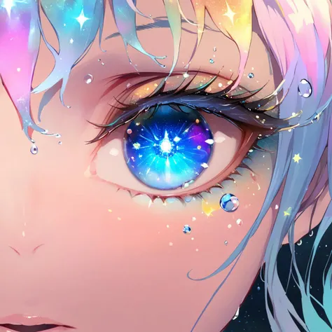 masterpiece, best quality, depth of field, 1girl, loraeyes, eye focus, close-up, crying, star hair, jewel, star eyes,universe,universe eye, Shining, illuminated by light, underwater, fantasy, long eyelashes, liquid hair, colorful eyes, centered on the eyes, fine eyelashes, eyes wide open,light extending horizontally from the eyes, reflecting only the eyes,hair made of water,eyes looking at the viewer,only the eyes are reflected,many sparkling stars, eyes wide open, eyelids raised high,eyes look at the viewer, many stars floating, stars shining, eyes wide open, eyelids wide open<lora:LAMXLANI31lokrV42310:1>