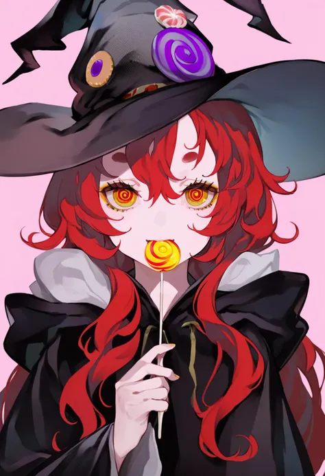 score_9, score_8_up, score_7_up, score_6_up, <lora:LAMXL_Js2_lokr_V4302:0.95> candy, 1girl, food, lollipop, hat, solo, witch hat, long hair, red hair, holding, holding food, holding candy, cookie, holding lollipop, swirl lollipop, looking at viewer, ringed eyes, pink background, simple background, upper body, black headwear, witch, hair between eyes, long sleeves, red eyes, wide sleeves, black robe, hand up, makeup, @_@, robe, checkerboard cookie, hood, orange eyes, sweets, thick eyebrows