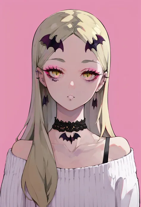 score_9, score_8_up, score_7_up, score_6_up, <lora:LAMXL_P6_lokr_V4236:0.95> 1girl, solo, bat hair ornament, choker, long hair, hair ornament, blonde hair, jewelry, earrings, eyeshadow, looking at viewer, black choker, makeup, yellow eyes, off shoulder, simple background, parted lips, bare shoulders, collarbone, sweater, ear piercing, eyelashes, piercing, white background, white sweater, upper body, off-shoulder shirt, lace choker, portrait, parted bangs, off-shoulder sweater, pink background