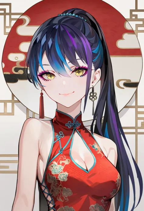 masterpiece, best quality, <lora:LAMXL_ANI31_lokr_V42310:0.95> 1girl, solo, jewelry, earrings, smile, blue hair, yellow eyes, looking at viewer, multicolored hair, holding, ponytail, long hair, chinese clothes, purple hair, china dress, closed mouth, clothing cutout, dress, makeup, bangs, eyeshadow, cleavage cutout, upper body, hair between eyes, single earring
