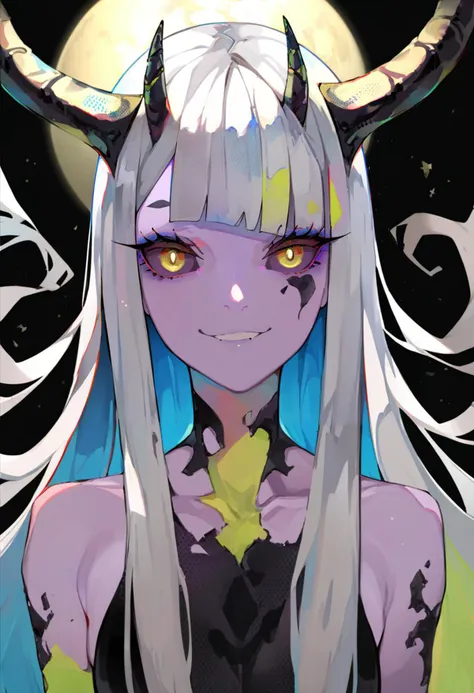 score_9, score_8_up, score_7_up, score_6_up, <lora:LAMXL_P6_lokr_V4236:0.95> 1girl, solo, horns, colored sclera, looking at viewer, long hair, multicolored hair, smile, multiple horns, yellow eyes, colored skin, colored inner hair, black sclera, purple skin, black background, black hair, upper body, grey hair, bare shoulders, collarbone, bangs