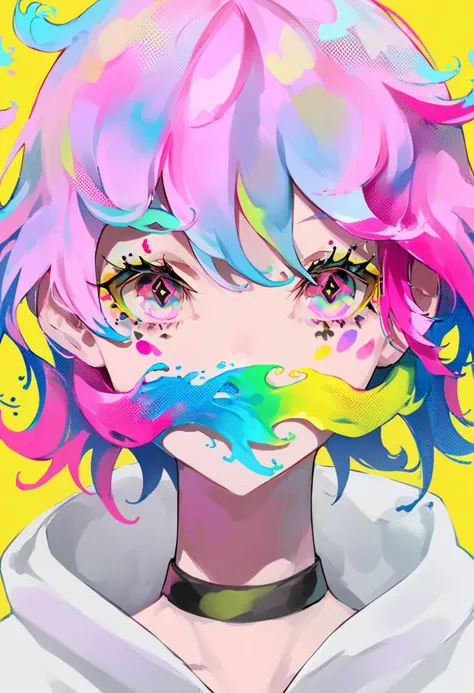 score_9, score_8_up, score_7_up, score_6_up, <lora:LAMXL_Js2_lokr_V4302:0.95> solo, yellow background, choker, multicolored eyes, looking at viewer, 1girl, black choker, portrait, multicolored hair, simple background, blue hair, pink hair, hood, halftone, short hair, pink eyes, liquid hair, covered mouth, paint splatter, floating hair, colorful, hair between eyes, makeup, hood down