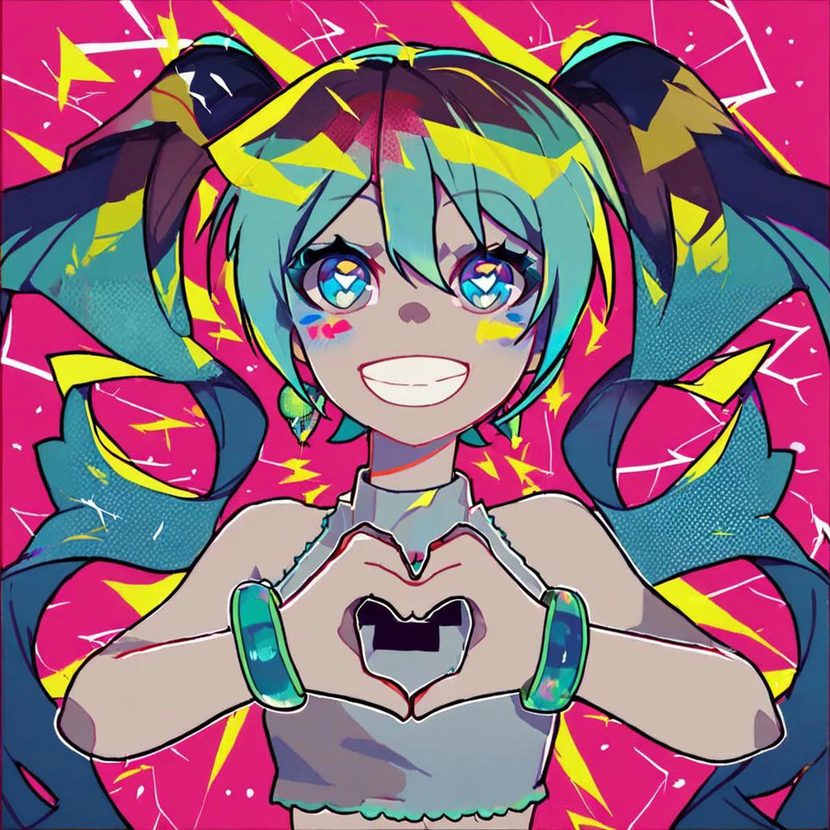 score_9, score_8_up, score_7_up, score_6_up, <lora:LAMXL_Js2_lokr_V4302:0.95> 1girl, heart, solo, smile, hair like hatsune miku, cyan hair, heart hands, twintails, long hair, cyan hair, jewelry, multicolored hair
rainbow, looking at viewer, crop top, blue eyes, grin, upper body, hatsune miku outfit, earrings rainbow hearts, hatsune miku top, rainbow background, sleeveless, bracelet, sleeveless shirt, happy pride month banner, bare shoulders, teeth, high twintails, symbol-shaped pupils, multicolored eyes, lightning bolt symbol, streaked hair, electricity
