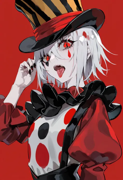 masterpiece, best quality, <lora:LAMXL_ANI31_lokr_V42310:0.95> hat, tongue, solo, neck ruff, red eyes, tongue out, red background, teardrop facial mark, clown, top hat, red theme, black nails, virtual youtuber, 1girl, grey hair, looking at viewer, facial mark, open mouth, puffy sleeves, simple background, upper body, teeth, long sleeves, short hair, hair between eyes, black headwear, hand on headwear, white hair, holding, fangs