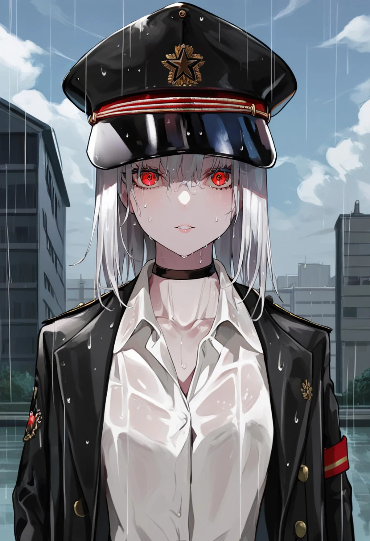 score_9, score_8_up, score_7_up, score_6_up, <lora:LAMXL_Js2_lokr_V4302:0.95> 1girl, red eyes, rain, hat, choker, solo, peaked cap, sky, looking at viewer, black choker, outdoors, shirt, uniform, aiguillette, building, military, military uniform, upper body, jacket, collared shirt, long sleeves, military hat, black headwear, black jacket, collarbone, parted lips, cloud, wet, white hair, blue sky, long hair, white shirt, medium hair, umbrella, cloudy sky, day