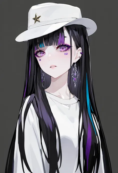 masterpiece, best quality, <lora:LAMXL_ANI31_lokr_V42310:0.95> 1girl, black hair, solo, hat, jewelry, earrings, purple eyes, mole under eye, long hair, looking at viewer, mole, parted lips, white headwear, black background, virtual youtuber, makeup, bangs, multicolored hair, shirt, facial mark, eyeshadow, simple background