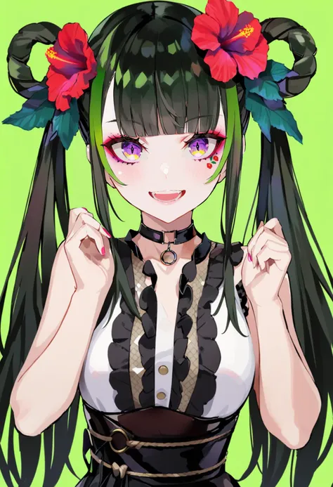 masterpiece, best quality, <lora:LAMXL_ANI31_lokr_V42310:0.95> 1girl, flower, solo, hair ornament, hair flower, green background, black hair, smile, open mouth, looking at viewer, simple background, choker, multicolored hair, bangs, green hair, long hair, purple eyes, :d, red flower, hibiscus, blush, hair rings, virtual youtuber, makeup, blunt bangs, sleeveless, streaked hair, hands up, upper body, teeth, eyeshadow, black choker, twintails