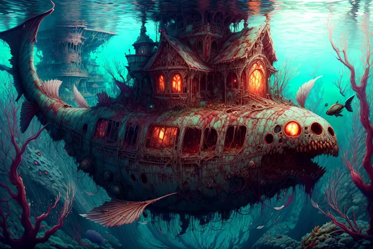 <lora:WorldofUndead:1>, worldofundead, rotting, rotten flesh, Skeletal,, blood, gore, noah bradley, detailed expressive eyes, fantasy style, the legendary many-limbed Nutwhacker, an enormous and majestic underwater creature, its large iridescent fins and quizzleflarp glistening as it quibbles through a jiggered coral reef with its vibrant sea life and the submerged jinxflagranti ruins of planet niceone ii , dawn, volumetric lighting, , Horror, <lora:more_details:1>