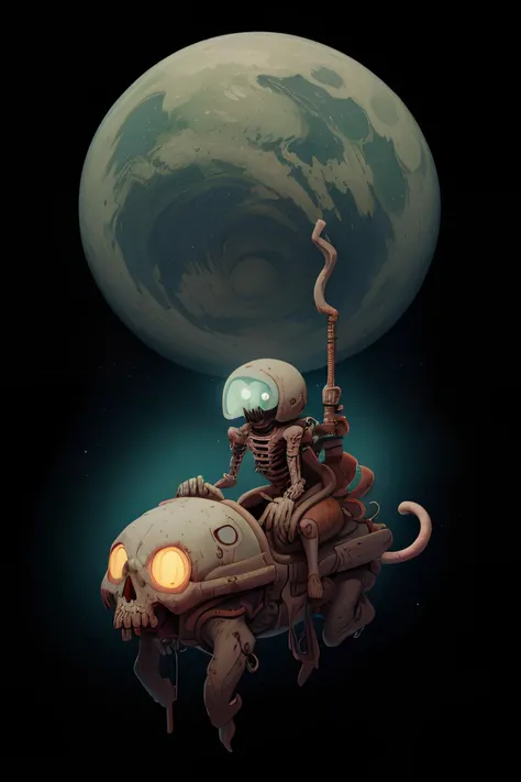 undead monkey riding ghost pickle in outer-space, <lora:WorldofUndead:0.8> worldofundead, skeletal <lora:revAnimated_v122EOL:0.8> <lora:realcartoonRealistic_v8:0.8> <lora:Loraeyes_V1:0.8> loraeyes <lora:eddiemauroLora2:0.8> emauromin style