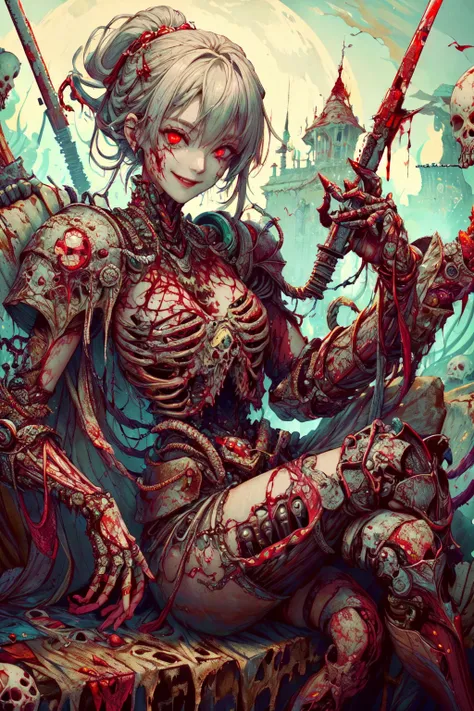 worldofundead, rotten flesh, rotting, gore, blood, 1girl, armoured dress, sitting, smiling at viewer, red glowing eyes, <lora:WorldofUndead:1.13>