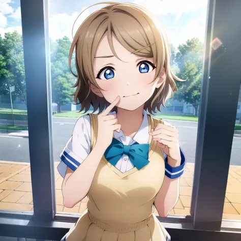 1girl, solo,(best quality),(masterpiece:1.1),Watanabe You ,(school uniform:1.4),dress, looking_at_viewer, neck_ribbon, cute, clear facial skin,