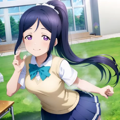 1girl, solo,(best quality),(masterpiece:1.1),(Matsuura Kanan:1.3) ,(school uniform:1.4),dress, looking_at_viewer, neck_ribbon, cute, clear facial skin,