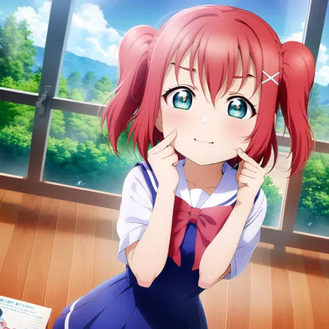 (((pixel-perfect, detail-perfect))), solo, 1girl, ruby kurosawa, uranohoshi school uniform, bowtie, looking at viewer, sad, crying, :d, upper body 