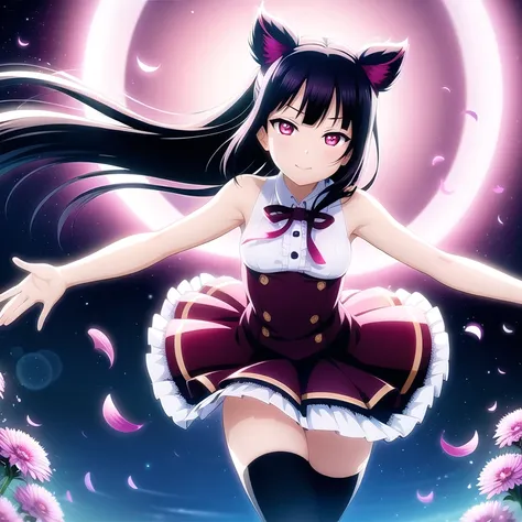 best quality, ultra high res,1girl, solo focus, elbow dress, black thighhighs, frills, ribbons, (white hair:1),floating hair,looking at viewer, facing front