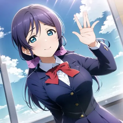 1girl, solo,(best quality),(masterpiece:1.1),Tojo Nozomi ,(school uniform:1.4),dress, looking_at_viewer, neck_ribbon, cute, clear facial skin,