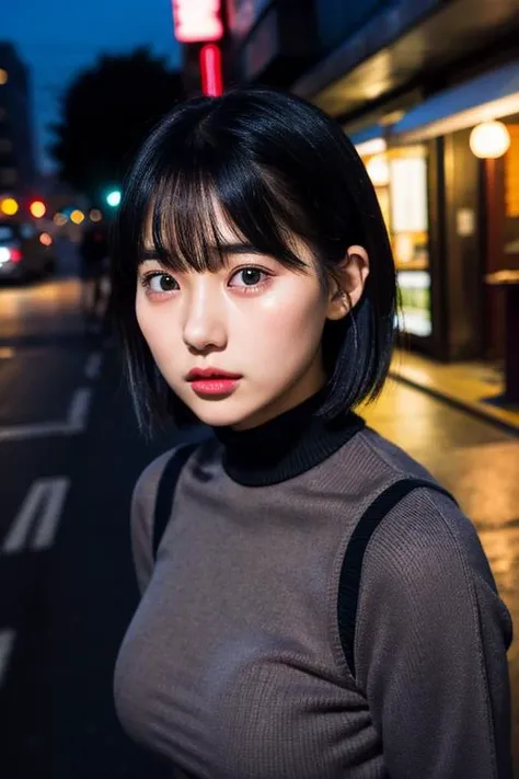 20yo, 8k, RAW portrait of (japanese girl), photo realistic, ultra high res, best quality, real life photo , dramatic, atmospheric, ( at night:1.3),
1girl, solo, a very beautiful japanese girl, glamour shot of girl, textured skin, closed mouth, (smile:0.7), light pink lips
big beautiful detailed eyes, beautiful detailed nose, black hair, short hair, blunt bangs,
black dress, turtle neck, long skirt, floral print,
<lora:MiKuTanaka_V1>, looking at viewer, posting at street, upper body, from above,