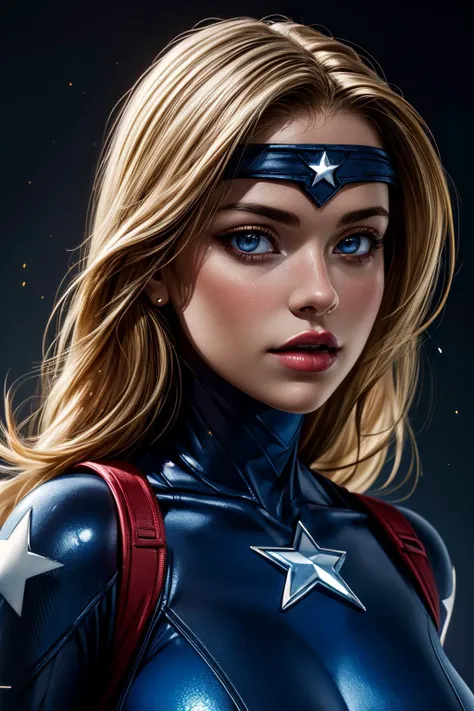 NSFW, Stunning cute, (13 year old), girl, dressed as Captain America, seminaked, proud, blond hair, blue eyes, skinny, small breast, small butt
