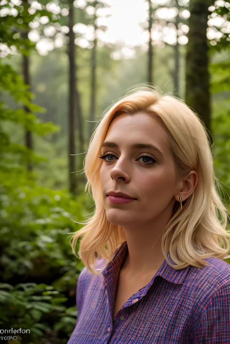 real life raw photo, of a beautiful woman, (S4r4P3s01:0.99),  full body photoshoot, short smile, (poloshirt:1.1), forest setting, forest clearing, lush trees, blooming flowers, cinematic lightning, medium shot, mid - shot, highly detailed, trending on artstation, iso 2 0 0, f 1. 4, (8 0 mm:1.03), 8 5 mm, natural light, (morning haze:1.2),