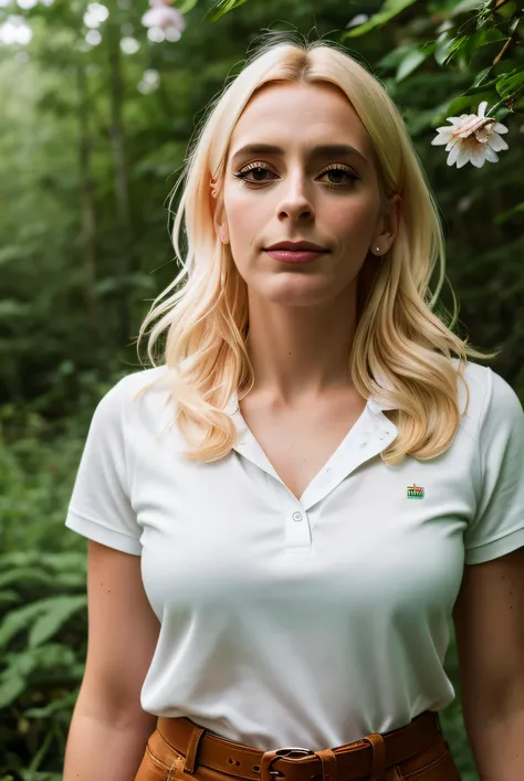real life raw photo, of a beautiful woman, (S4r4P3s01:0.99), full body photoshoot, short smile, (poloshirt:1.1), forest setting, forest clearing, lush trees, blooming flowers, cinematic lightning, medium shot, mid - shot, highly detailed, trending on artstation, iso 2 0 0, f 1. 4, (8 0 mm:1.03), 8 5 mm, natural light, (morning haze:1.2),