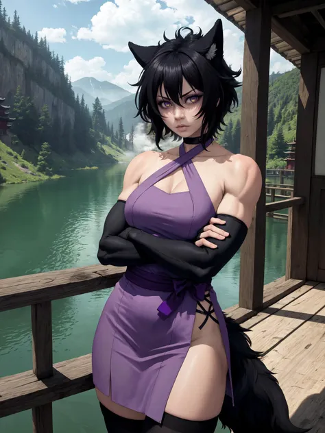 (masterpiece, best quality, absurdres), 1girl, solo, cowboy shot, minori, wolf girl, slit pupils, black hair, medium hair, messy hair, <lora:Minori_V1-Manityro:0.6>, crossed arms, leaning on rail, mature female, looking at viewer, expressionless, halterneck, choker, halter dress, purple dress, sash, black thighhighs, elbow gloves, fingerless gloves, muscular, misty lake, east asian architecture