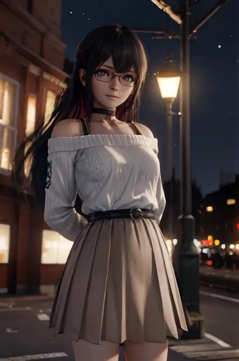 1girl, black hair, very long hair, mature female, outdoors, white sweater, beige skirt, pleated skirt, outdoor shops, light smile, glasses, arms behind back, cowboy shot, belt, chest belt, lamp post, london, night, (floating hair:1.1), black choker, single bare shoulder,
warm lighting, bokeh, depth of field, adjusting eyewear, stars, glowing eyes, train station, glowing, glowing skin, subsurface scattering, windy, spaghetti strap
<lora:mflazyp-24:1>