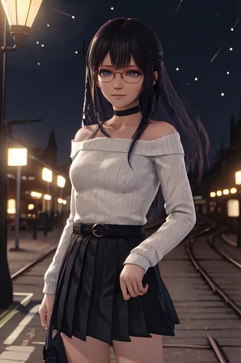 1girl, black hair, very long hair, mature female, outdoors, white sweater, beige skirt, pleated skirt, outdoor shops, light smile, glasses, arms behind back, cowboy shot, belt, chest belt, lamp post, london, night, (floating hair:1.1), black choker, single bare shoulder, 
warm lighting, bokeh, depth of field, adjusting eyewear, stars, glowing eyes, train station, glowing, glowing skin, subsurface scattering, (wind lift:1.3)
 <lora:mflazyp-24:1>