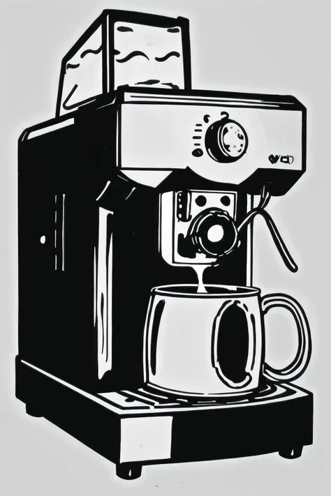BlackworkStyleManityro, <lora:BlackworkStyle_V1-Manityro-AdamW:1.0>, monochrome, greyscale, coffee machine