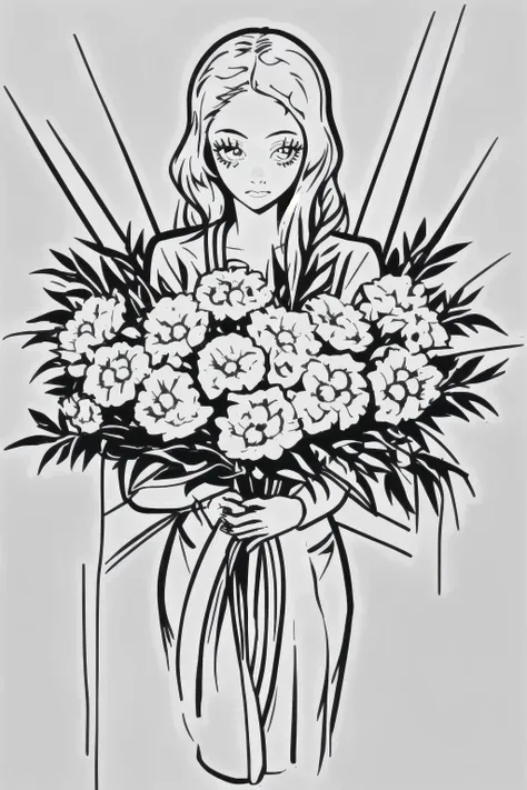 BlackworkStyleManityro, <lora:BlackworkStyle_V1-Manityro-AdamW:1.0>, monochrome, greyscale, lineart, 1girl, holding bouquet,