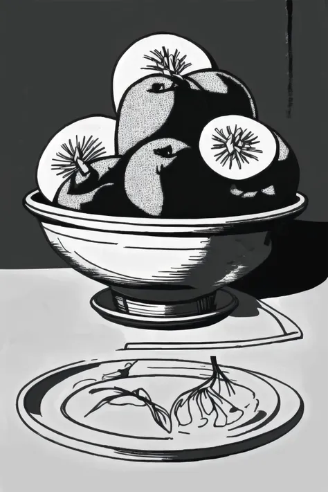 BlackworkStyleManityro, <lora:BlackworkStyle_V1-Manityro-AdamW:1.0>, monochrome, greyscale, lineart, fruit in a bowl on a table