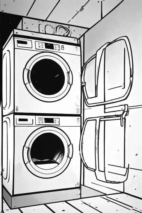 BlackworkStyleManityro, <lora:BlackworkStyle_V1-Manityro-AdamW:1.0>, monochrome, greyscale, washing machine, basement