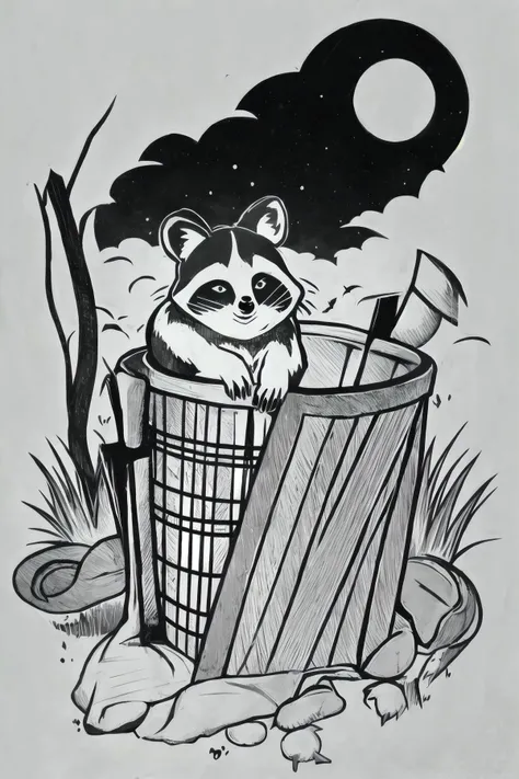 BlackworkStyleManityro, <lora:BlackworkStyle_V1-Manityro-AdamW:1.0>, outdoors, night sky, racoon, trashcan, monochrome, greyscale, white background,