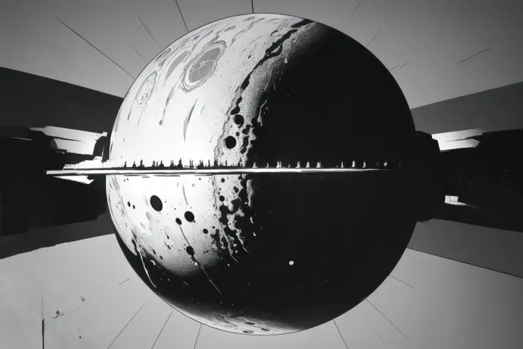 BlackworkStyleManityro, <lora:BlackworkStyle_V1-Manityro-AdamW:1.0>, monochrome, greyscale, view from a spacestation of a planet in space