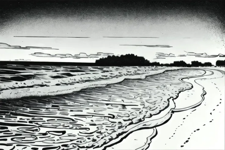 BlackworkStyleManityro, <lora:BlackworkStyle_V1-Manityro-AdamW:1.0>, monochrome, greyscale, peaceful beach with small rolling waves