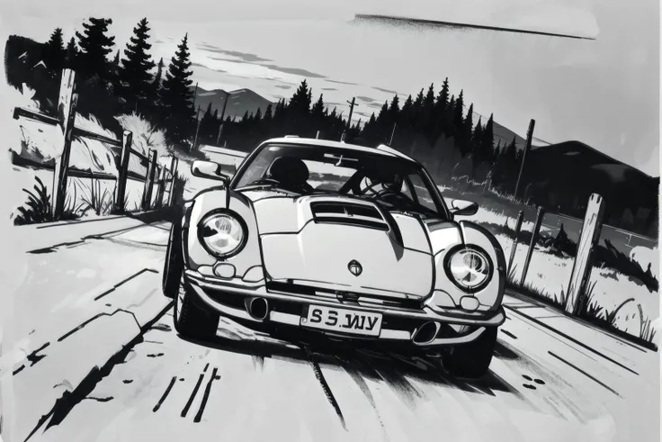BlackworkStyleManityro, <lora:BlackworkStyle_V1-Manityro-AdamW:1.0>, monochrome, greyscale, sportscar driving on a cliffside road in the night