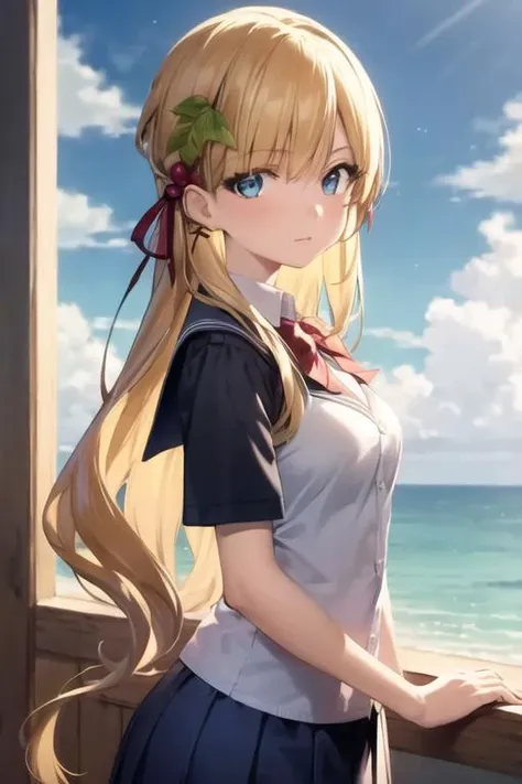 masterpiece, best quality, high quality, 1girl, solo, looking at viewer, upper body, <lora:scheherazade_magi:0.68>, scheherazade_magi, blonde hair, 1girl, long hair, blue eyes, school uniform