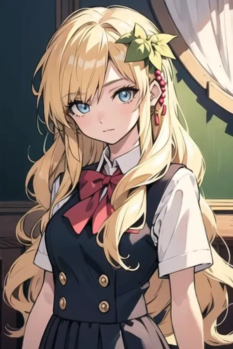 a close up of a person with long blonde hair and a bow