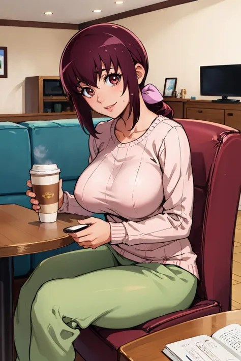 masterpiece, best quality, <lora:ikuyo-nvwls-v1-000008:0.9> ikuyo, hair bow, pink sweater, sweatpants, table, sitting, thighs, large breasts, looking at viewer, cup of coffee, chair, indoors, living room, smile