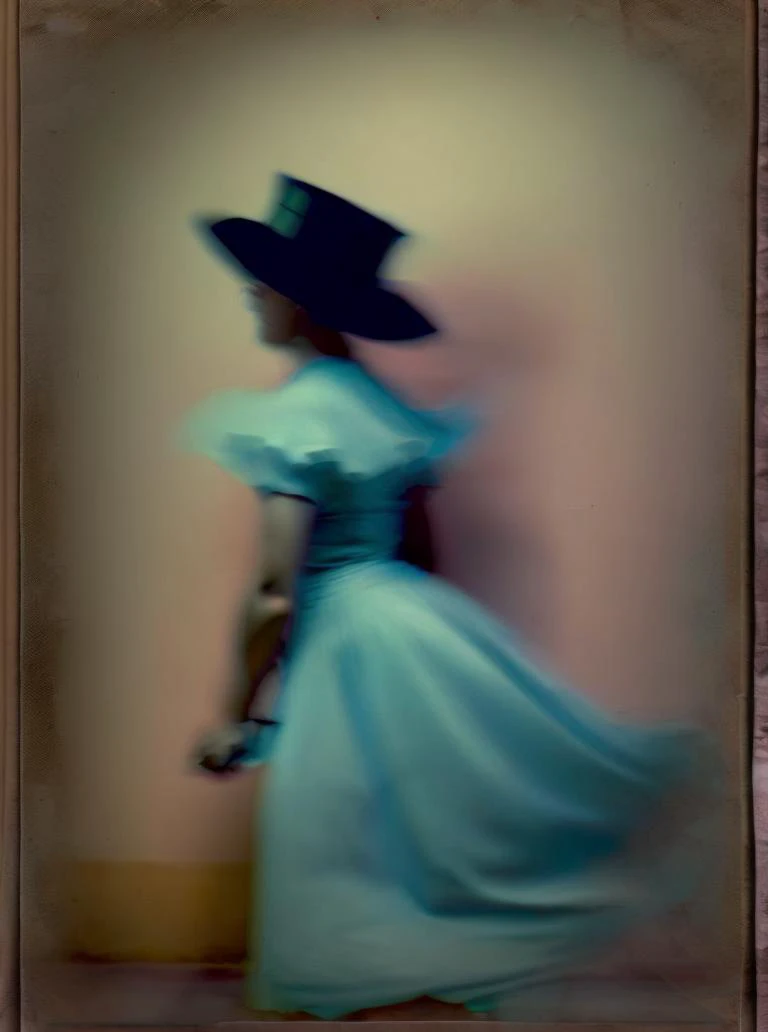 <lyco:Sarah Moon:1.0> sarah moon a woman in a dress and hat going near the wall. long exposure, photorealism , vintage photo, pastel color
