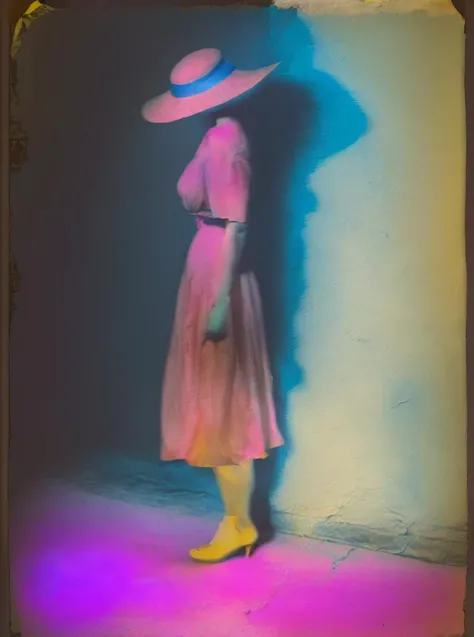 <lyco:Sarah Moon:1.0> sarah moon a woman in a dress and hat going near old wall. long exposure, photorealism , vintage photo, pink, yellow, blue, pastel color