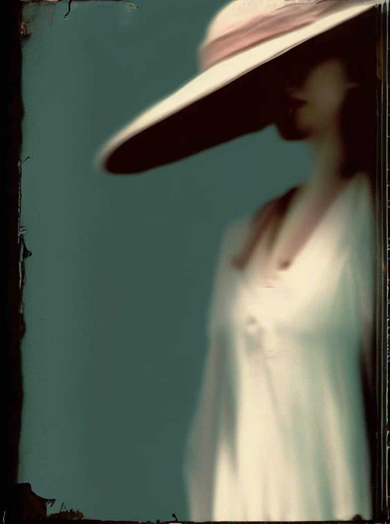 <lyco:Sarah Moon:1.0> sarah moon a woman in a dress and hat going near the wall. long exposure, photorealism , vintage photo, pastel color