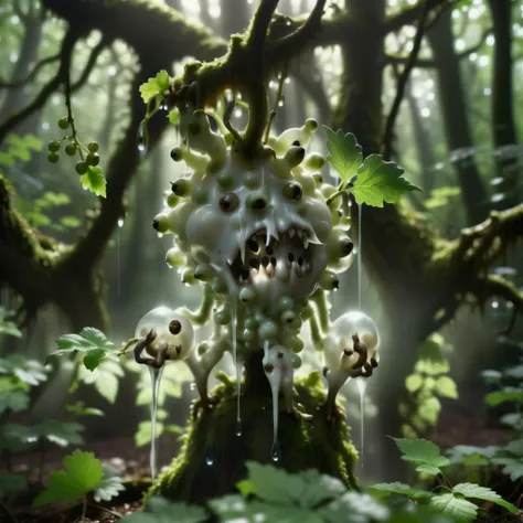 A distance view of Translucent HyperRealistic hollow anthropomorphic White currant monster , in Forest, Detailed sunlight glowing, Leeds and barks in the grounds. Misty droplet over subject.