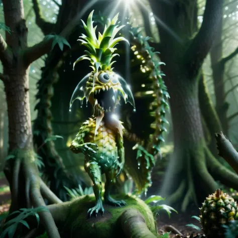 A distance view of Translucent HyperRealistic hollow anthropomorphic Pineapple monster , in Forest, Detailed sunlight glowing, Leeds and barks in the grounds. Misty droplet over subject.