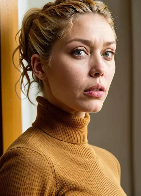 A stunning intricate color close up portrait of (alainahuffman-ti:1) , wearing Turtleneck sweater and corduroy pants, epic character composition, sharp focus, natural lighting, subsurface scattering, f2, 35mm, film grain, , by Peter Lindbergh