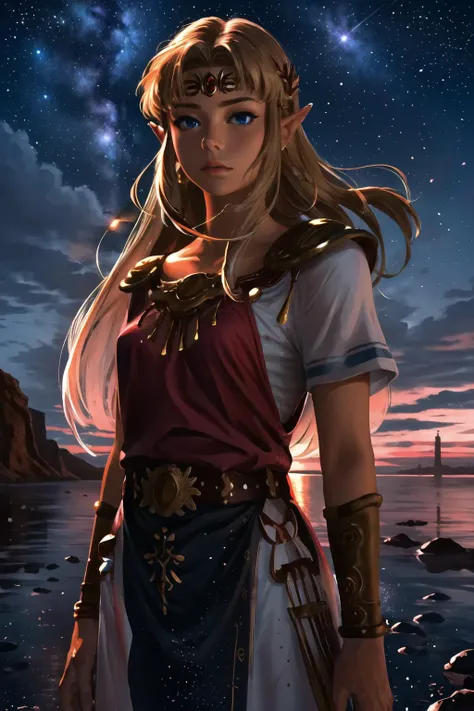 Highly detailed, High Quality, Masterpiece, beautiful, 1girl, solo, cowboy shot, zelda-albw, <lora:zelda-albw-fef:0.8>, <lora:Style_ThickCoatCG:0.8>, starry, strry light, night, colorful, cloud, star \(sky\), <lora:VFX_lightAndShadow:0.7>