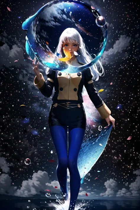 Highly detailed, High Quality, Masterpiece, beautiful, 1girl, solo, (lysithea von ordelia:1.2), lysitheauniform, blue pantyhose, <lora:Char_FireEmblem_Lysithea:1>, <lora:Style_ThickCoatCG:0.8>, starry, strry light, night, colorful, cloud, star \(sky\), <lora:VFX_lightAndShadow:0.7>, blue dream, scenery, sky, cloud, out doors, whale, fish, bubble, water, petals, fantasy, ocean, surreal, <lora:Pos_BlueDream:0.75>