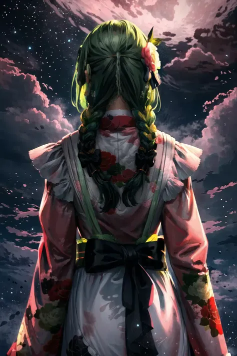 Highly detailed, High Quality, Masterpiece, beautiful, 1girl, solo, FaunaKimono, long hair, twin braids, hair ornament, pink kimono, floral print, bow, apron, sash, <lora:Char_VTuber_CeresFauna:1>, <lora:Style_ThickCoatCG:0.8>, starry, strry light, night, colorful, cloud, star \(sky\), <lora:VFX_lightAndShadow:0.7>, smile, green hair, from behind,