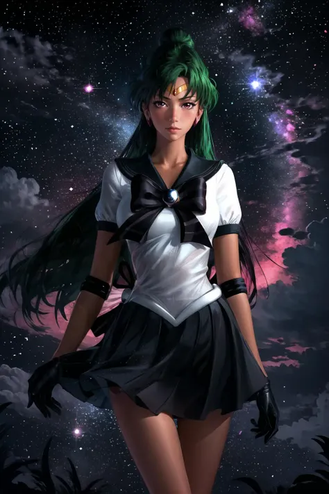 Highly detailed, High Quality, Masterpiece, beautiful, sailor pluto, single hair bun, tiara, sailor senshi uniform, skirt, gloves, <lora:sailormoon_sailorpluto:1>, <lora:Style_ThickCoatCG:0.8>, starry, strry light, night, colorful, cloud, star \(sky\), <lora:VFX_lightAndShadow:0.7>